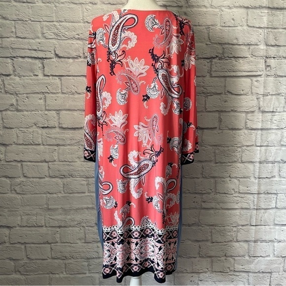 STUDIO One 3/4 Bell Sleeves Paisley Print Shift Crew Neck Midi Dress Size Medium - Picture 7 of 11